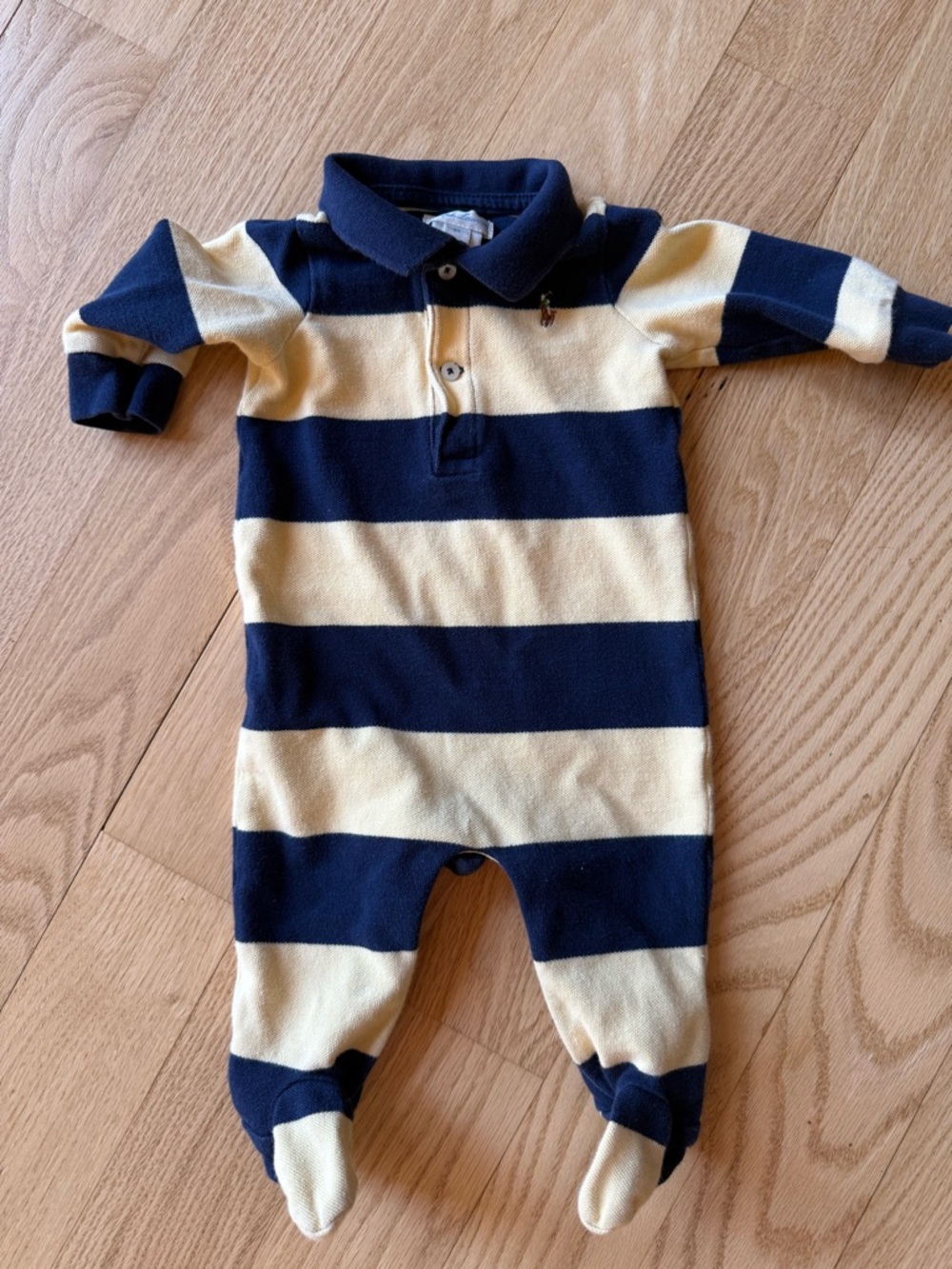 Ralph Lauren Navy and Yellow Striped Polo Footed One-Piece
